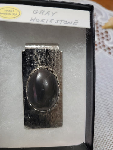 Custom Cut & Polished Gray Hokie Stone Silver Tone Money Clip