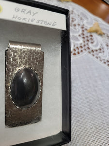 Custom Cut & Polished Gray Hokie Stone Silver Tone Money Clip