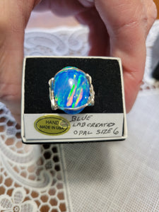 Custom Wire Wrapped Blue Lab Created (Synthetic) Opal Ring Size 6 Sterling Silver
