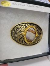 Load image into Gallery viewer, Custom Cut &amp; Polished Arizona Sandstone Belt Buckle Gold/Black Tone Made in USA