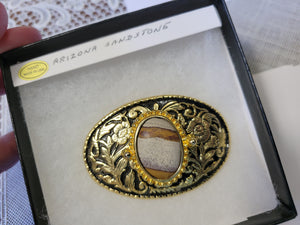 Custom Cut & Polished Arizona Sandstone Belt Buckle Gold/Black Tone Made in USA