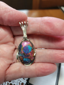 Custom Wire Wrapped Purple Dahlia & Kingman Turquoise Necklace/Pendant Sterling Silver