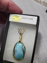 Load image into Gallery viewer, Custom Cut Polished &amp; Wire Wrapped Larimar Necklace/Pendant 14Kgf