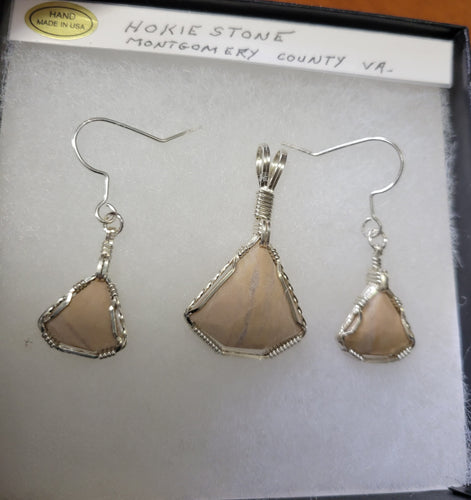 Custom Wire Wrapped Pink Hokie Stone from Virginia Tech Quarries Unpolished Set: Earrings Necklace/Pendant Sterling Silver