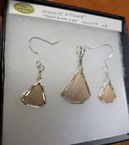 Custom Wire Wrapped Pink Hokie Stone Unpolished Set: Earrings Necklace/Pendant Sterling Silver