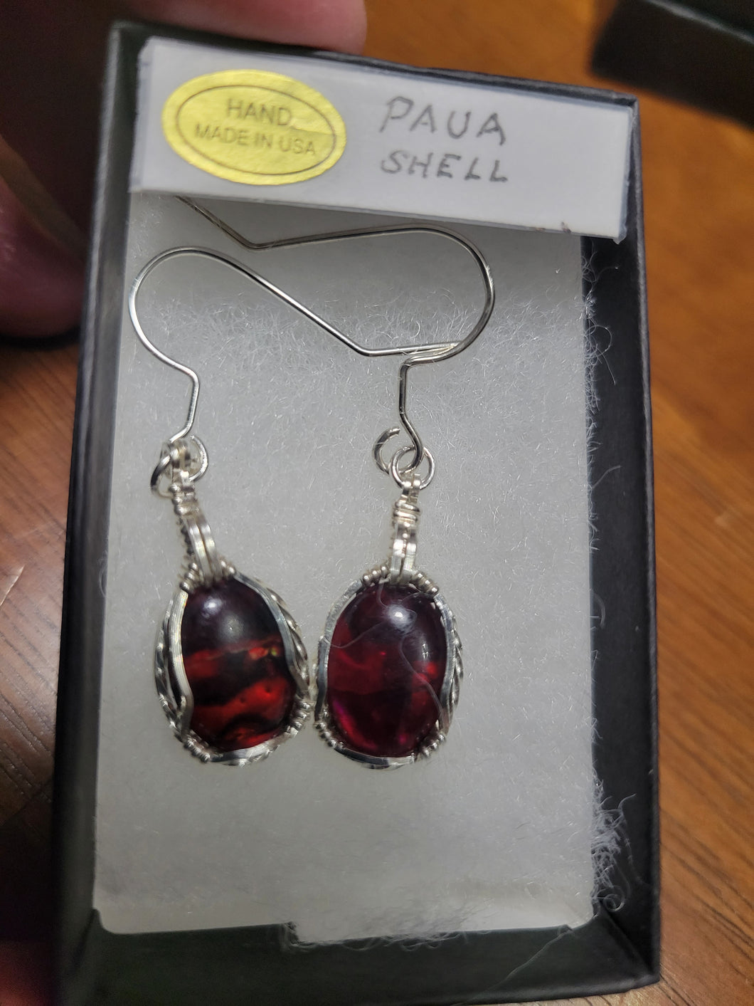 Custom Wire Wrapped Red Paua Shell Earrings Sterling Silver