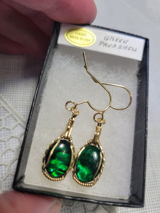 Custom Wire Wrapped Green Paua Shell Earrings 14kgf