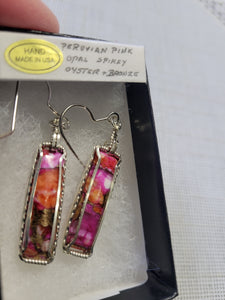Custom Wire Wrapped Peruvian Pink Opal Spiny Oyster & Bronze Earrings Sterling Silver